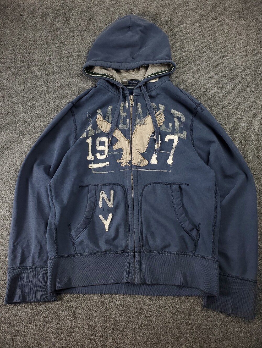 Vintage Y2K American Eagle Fleece Full Zip Hoodie Large Navy NY 1977 Graphic